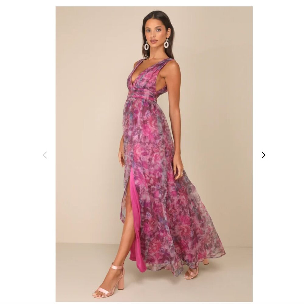Lulus Garden Romance Magenta Floral Print Organza Maxi Dress